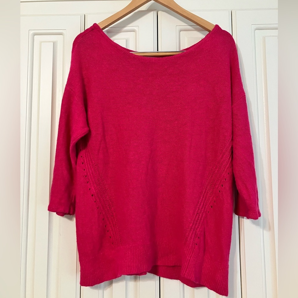 Anthropologie Fuscia Off Shoulder Linen Blend Knit Sweater Size Medium‎